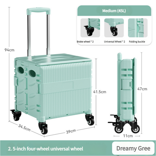 Foldable Rolling Storage Cart with Telescopic Handle - Large Capacity, Portable Utility Box 45L white
